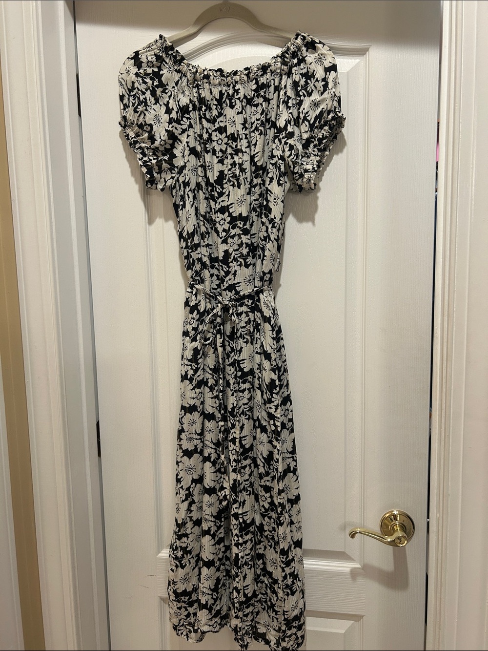 Women’s Black & White Floral Off-Shoulder Maxi Dress with Tie Waist